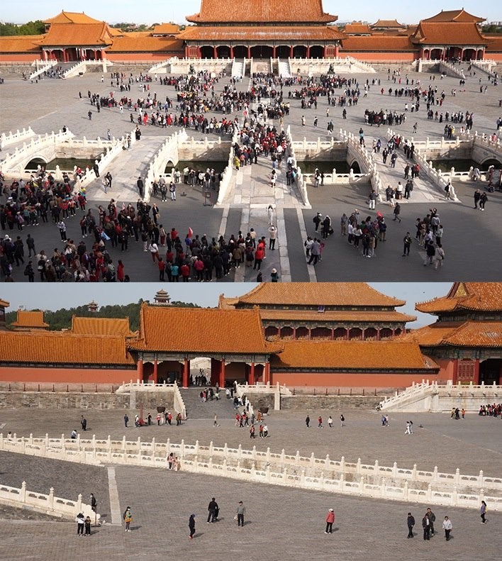 上午9時和下午13時的太和門廣場客流對比。故宮博物院供圖