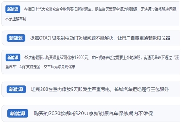 “人民投訴”用戶吐槽新能源汽車功能障礙多發(fā)、升級后配套服務跟不上、虛假優(yōu)惠、保修期內不維保的問題。（“人民投訴”平臺截圖）